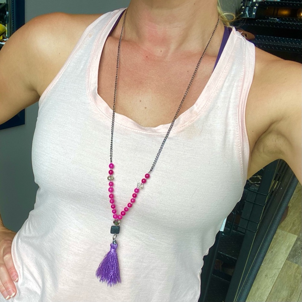 Dyed Pink Jade & Lava Stone Long Tassel Necklace